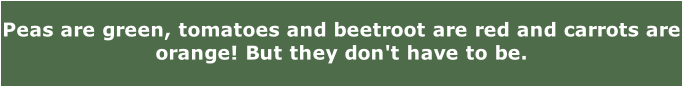 Peas are green, tomatoes and beetroot are red and carrots are orange! But they don't have to be.